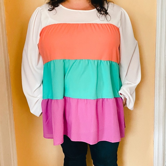Purple Orange Teal Colorblock Tiered Ruffle Top Oversized Blouse S M L 1X 2X 3X - Picture 3 of 9